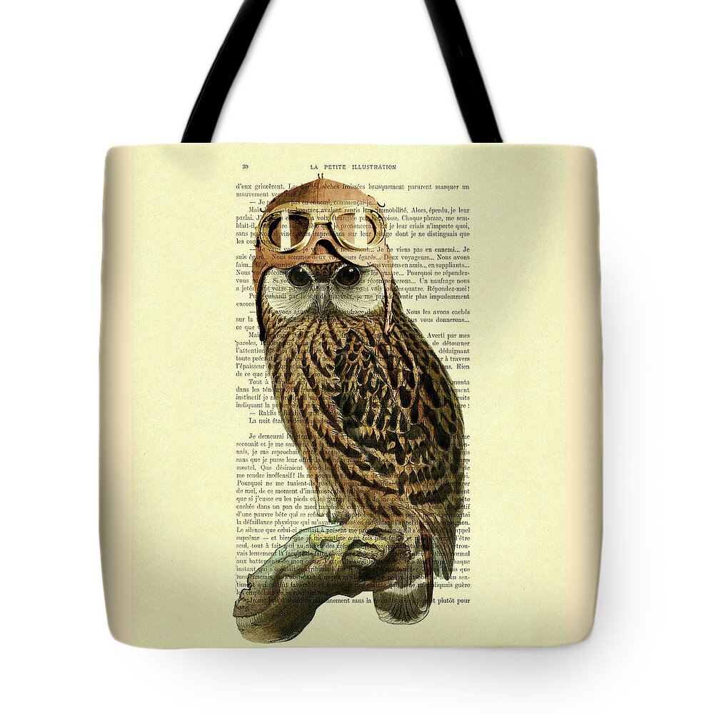 Owl Tote Bag featuring the mixed media Pilot Owl by Madame Memento