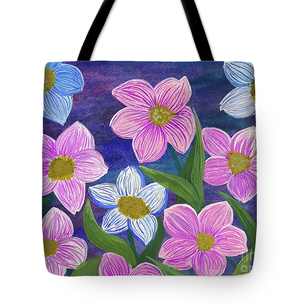 Pink Tote Bag featuring the mixed media Pink and Blue Flowers by Lisa Neuman