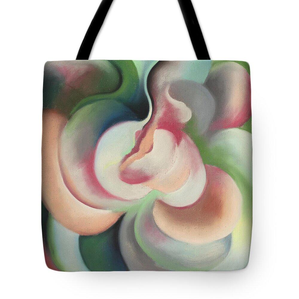 Georgia O'keeffe Tote Bag featuring the painting Pink and green - Colorful modernist abstract painting by Georgia O'Keeffe