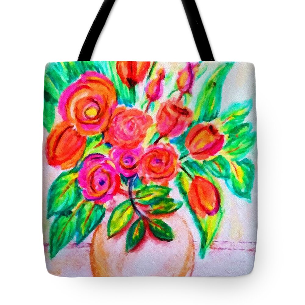 Pink Tote Bag featuring the digital art Pink and Orange Floral Bouquet Pastel Chalk Digitally Altered by Delynn Addams