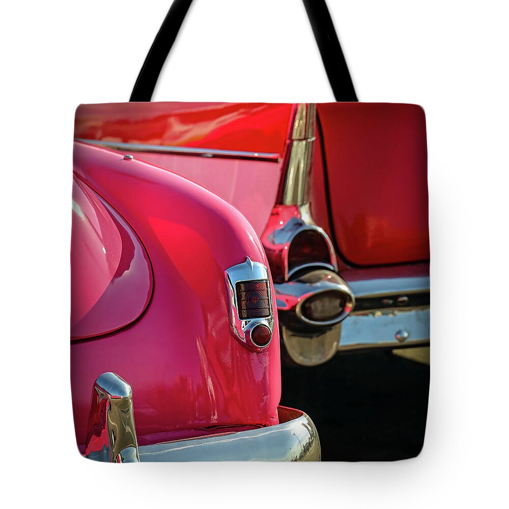 Cars Tote Bag featuring the photograph Pink and Red by M Kathleen Warren
