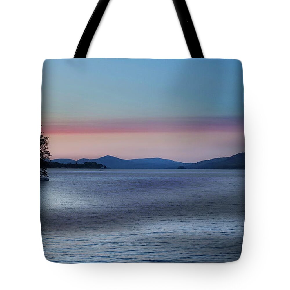 Sun Tote Bag featuring the photograph Pink Clouds and Sunset Over Lake by Russ Considine