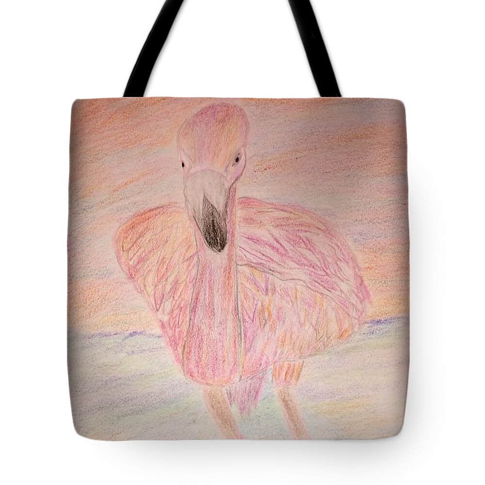 Pink Tote Bag featuring the drawing Pink Flamingo at Sunset by Suzanne Berthier