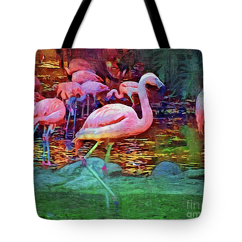 Flamingo Tote Bag featuring the digital art Pink Flamingos by Kirt Tisdale