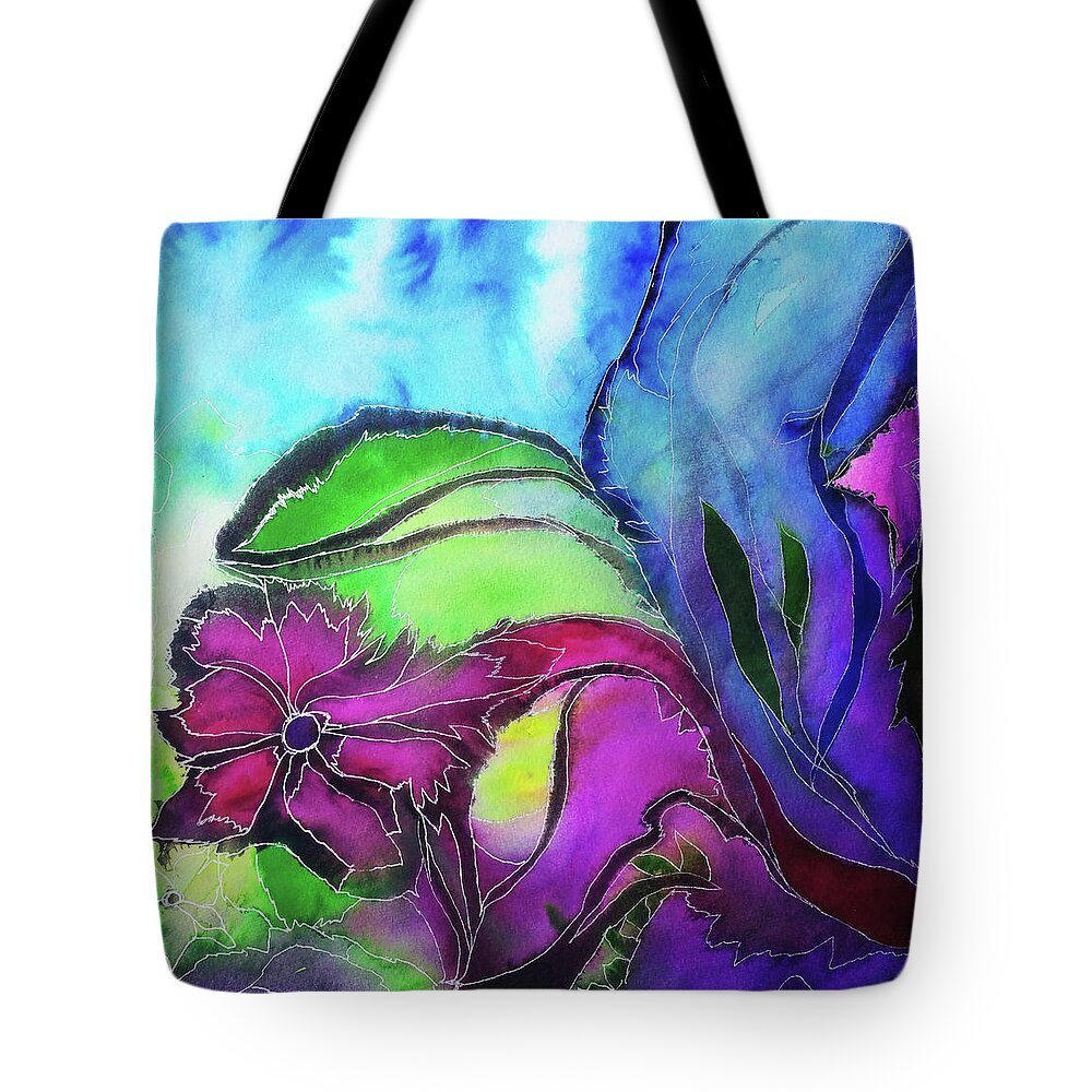 Blue Tote Bag featuring the painting Pink Flower by Melinda Firestone-White