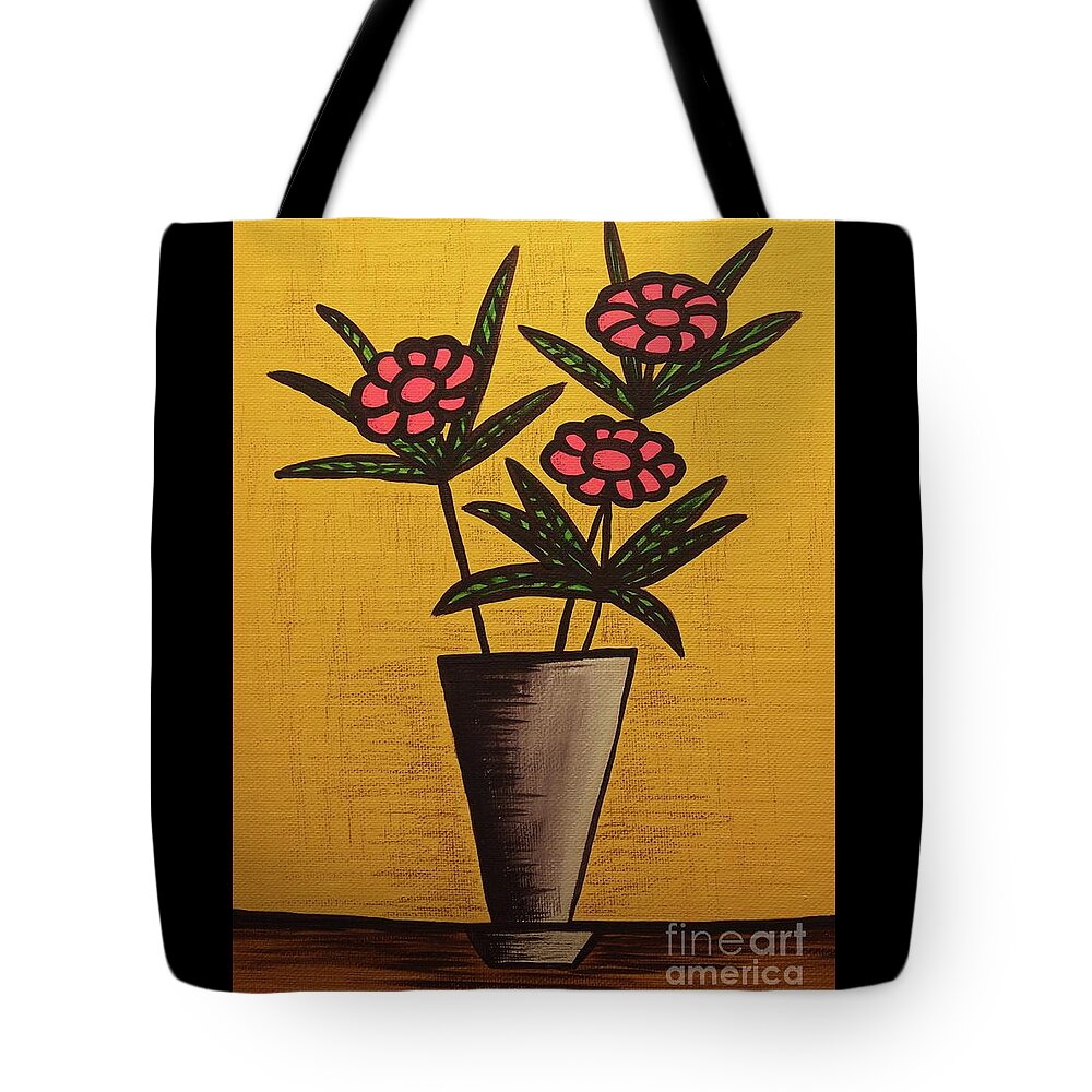Mid Century Modern Tote Bag featuring the mixed media Pink Flower Still Life Painting by Donna Mibus