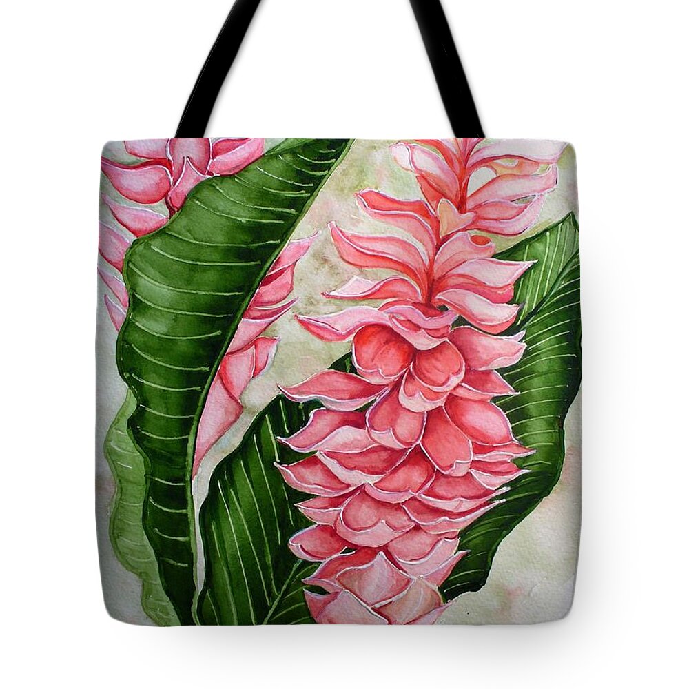 Flower Painting Floral Painting Botanical Painting Ginger Lily Painting Original Watercolor Painting Caribbean Painting Tropical Painting Tote Bag featuring the painting Pink Ginger Lilies by Karin Dawn Kelshall- Best