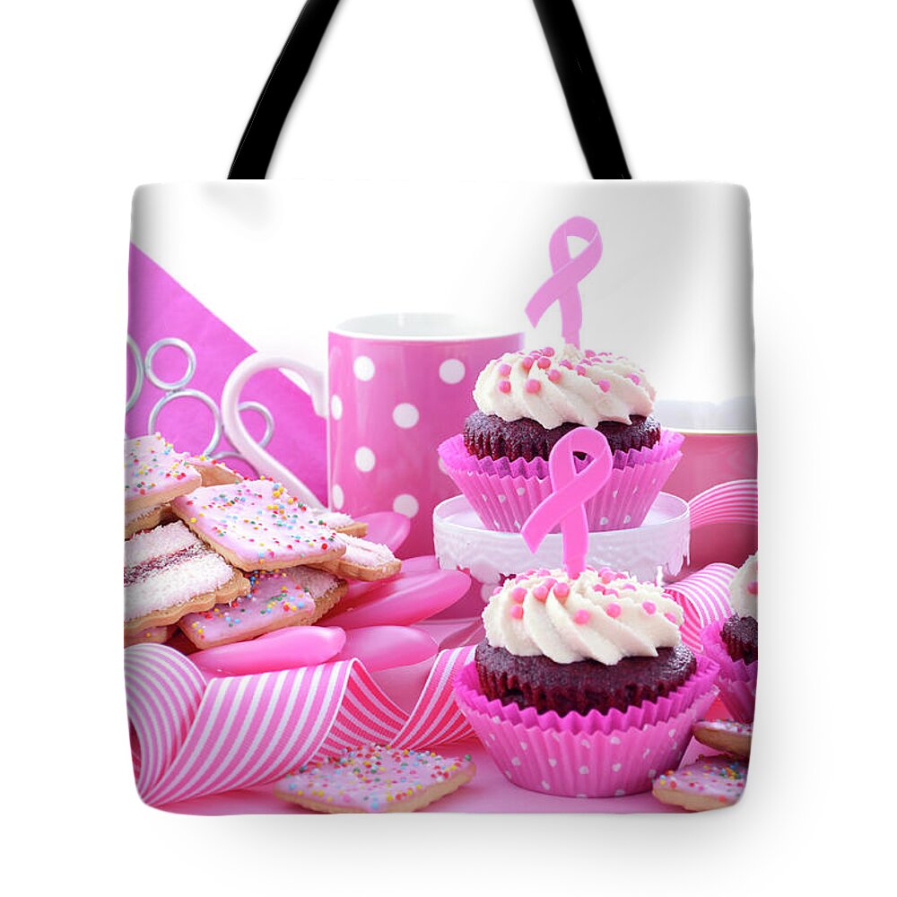 Breast Cancer Tote Bag featuring the photograph Pink Ribbon Charity for Womens Health Awareness Morning Tea. by Milleflore Images