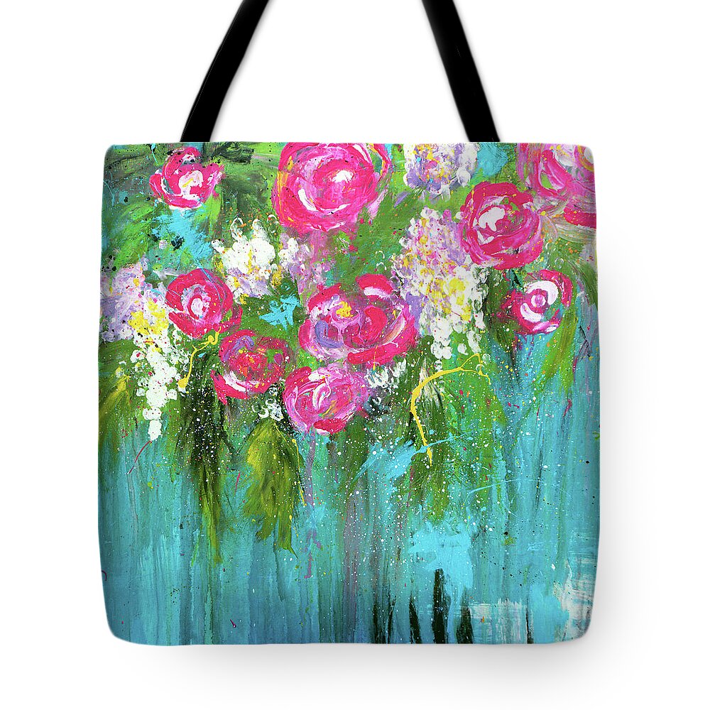 Pink Tote Bag featuring the painting Pink Rose Bohemian Abstract Floral by Joanne Herrmann