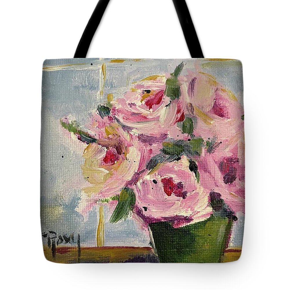 Pink Roses Tote Bag featuring the painting Pink Roses by the Window by Roxy Rich
