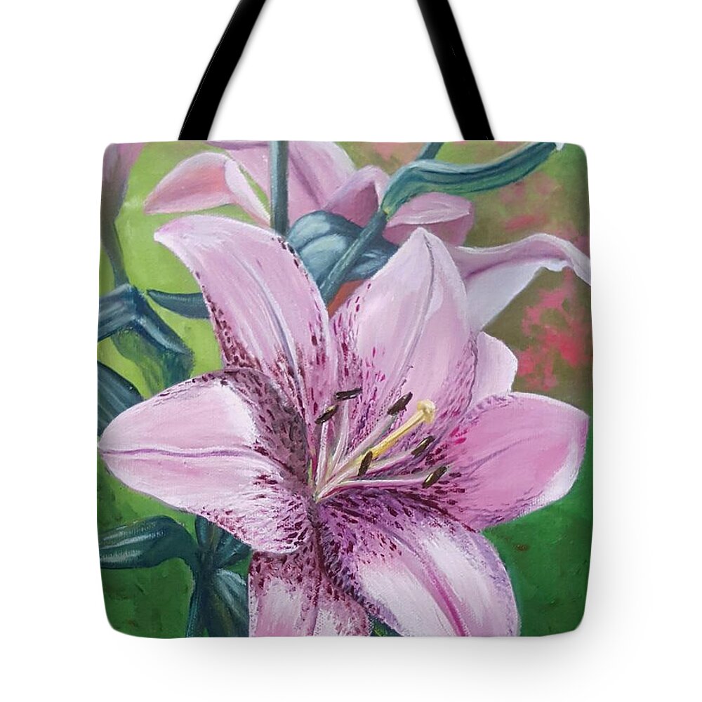Pink Day Lily Tote Bag featuring the painting Pink Satin Lily by Connie Rish