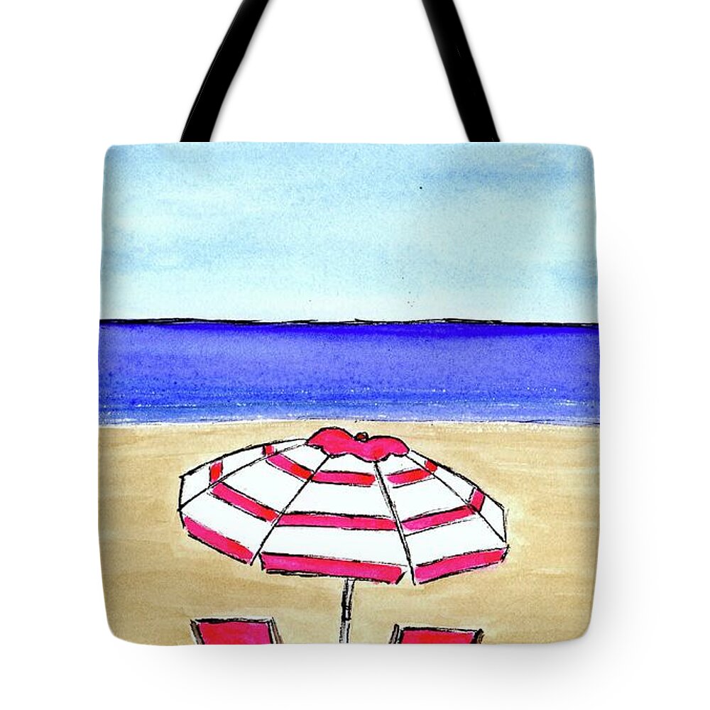 Beach Tote Bag featuring the painting Pink Striped Beach Umbrella by Donna Mibus