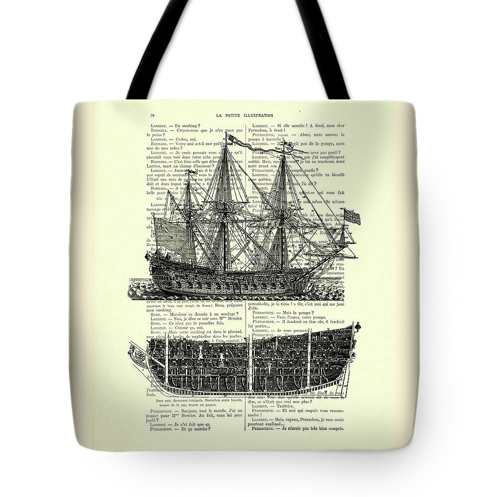 Ship Tote Bag featuring the mixed media Pirate Ship Diagram by Madame Memento