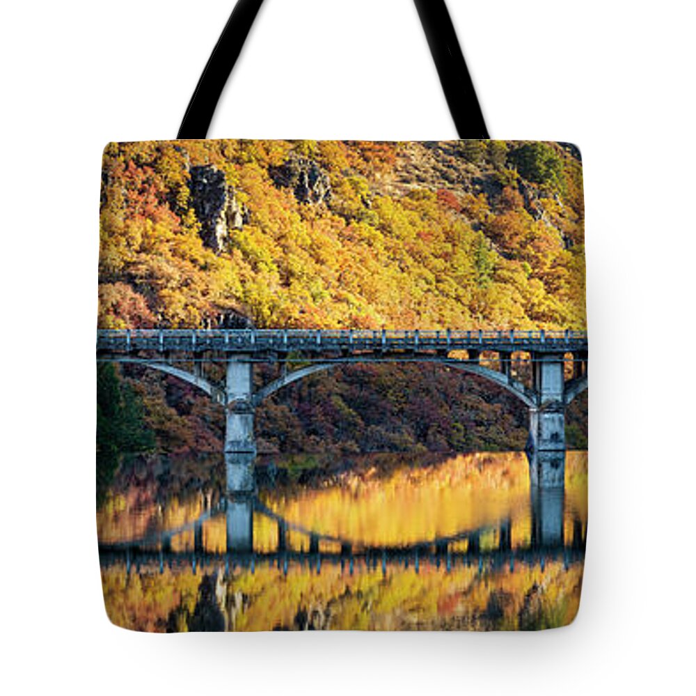 Bridge Tote Bag featuring the photograph Pit 3 Autumn Panorama by Mike Lee