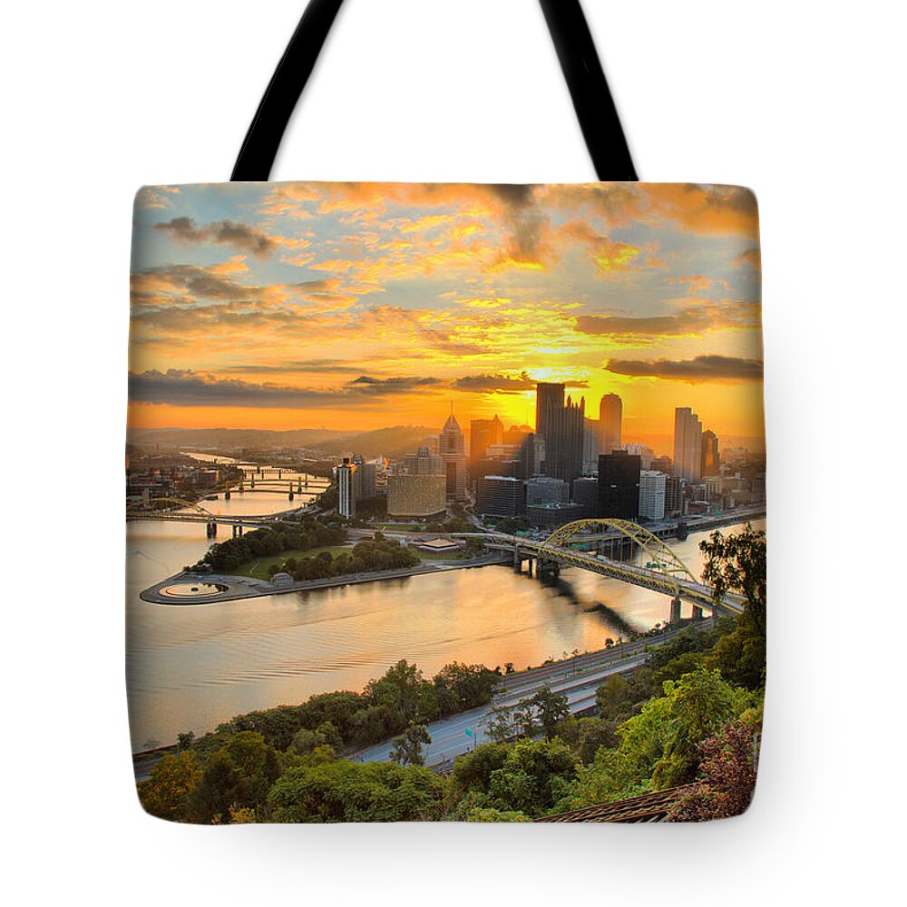 Pittsburgh Tote Bag featuring the photograph Pittsburgh Mt Washington Sunrise August 2022 by Adam Jewell
