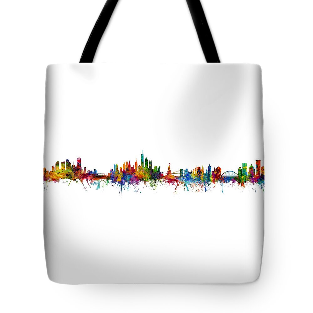Rochester Tote Bag featuring the digital art Pittsburgh, New York and Rochester NY Skylines Mashup by Michael Tompsett