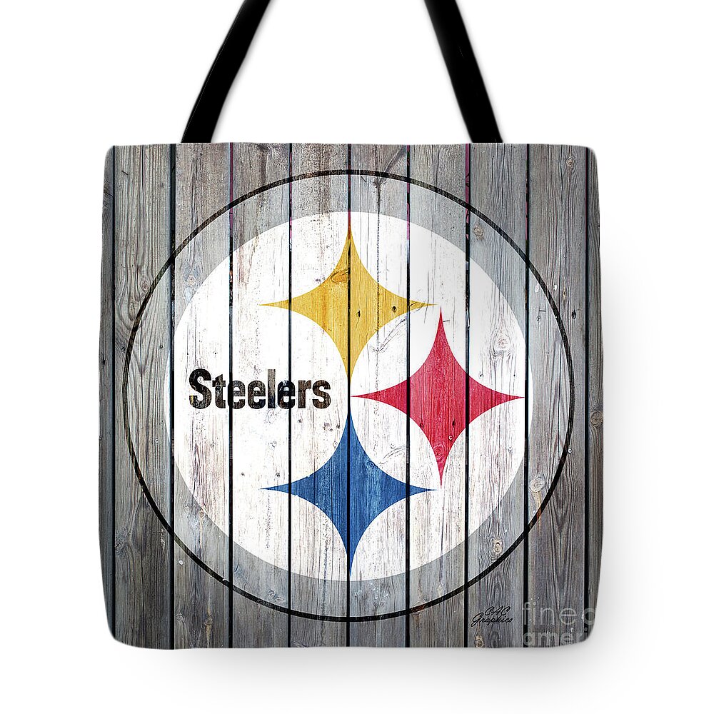 Pittsburgh Steelers Tote Bag featuring the digital art Pittsburgh Steelers Wood Art by CAC Graphics