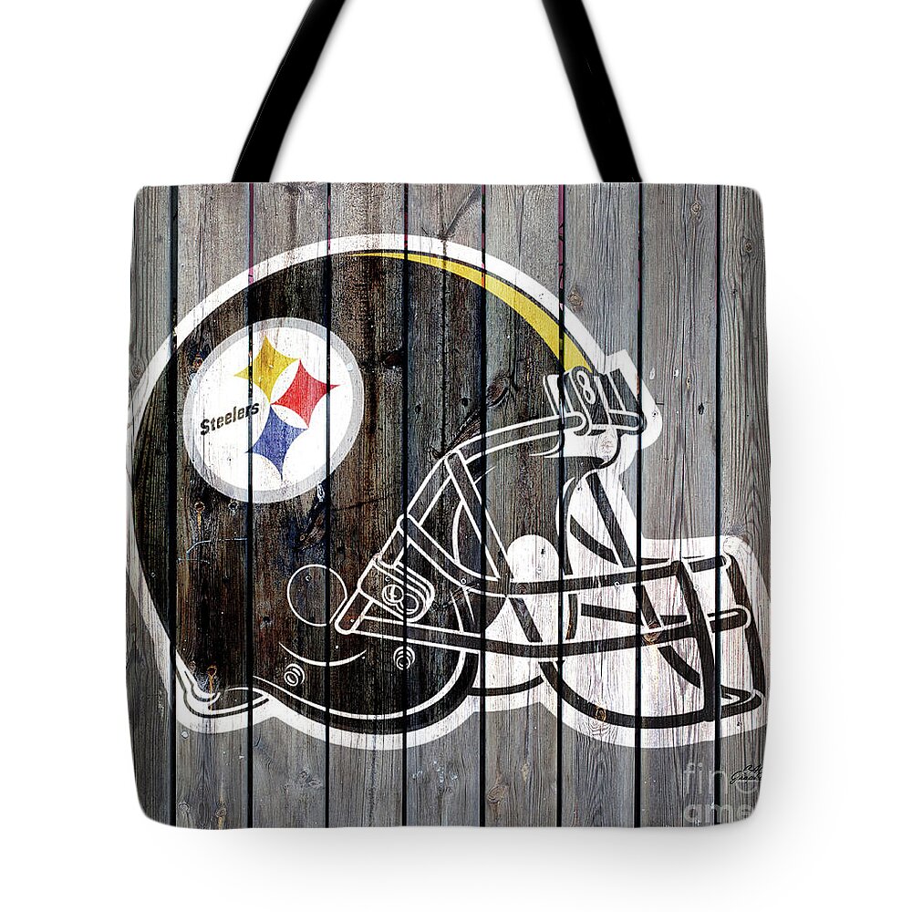 Pittsburgh Steelers Tote Bag featuring the digital art Pittsburgh Steelers Wood Helmet by CAC Graphics