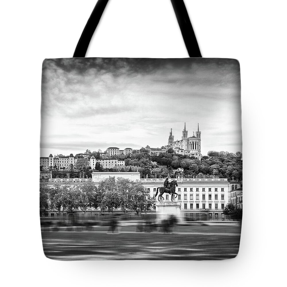 Lyon Tote Bag featuring the photograph Place Bellecour Lyon France Black and White by Carol Japp
