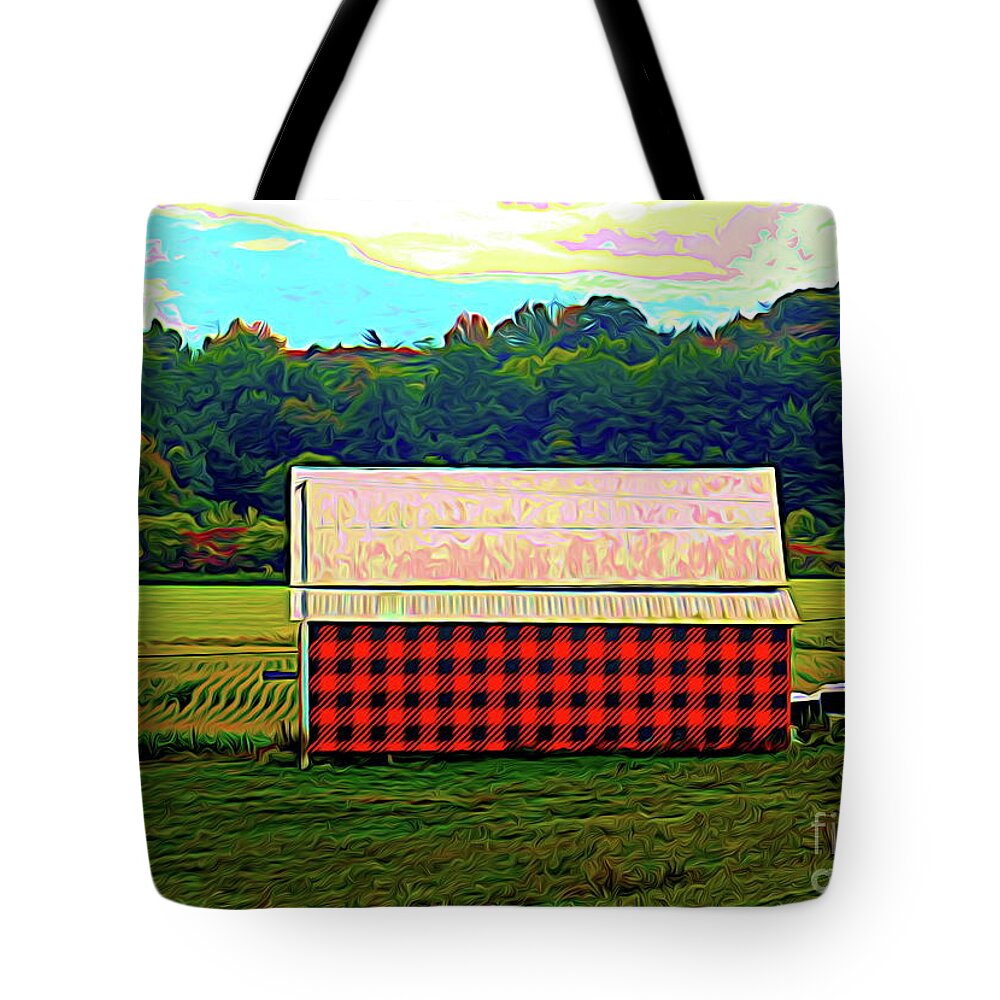 Plaid Barn In Massachusetts Abstract Expressionism Effect Tote Bag featuring the photograph Plaid Barn in Massachusetts Abstract Expressionism Effect by Rose Santuci-Sofranko