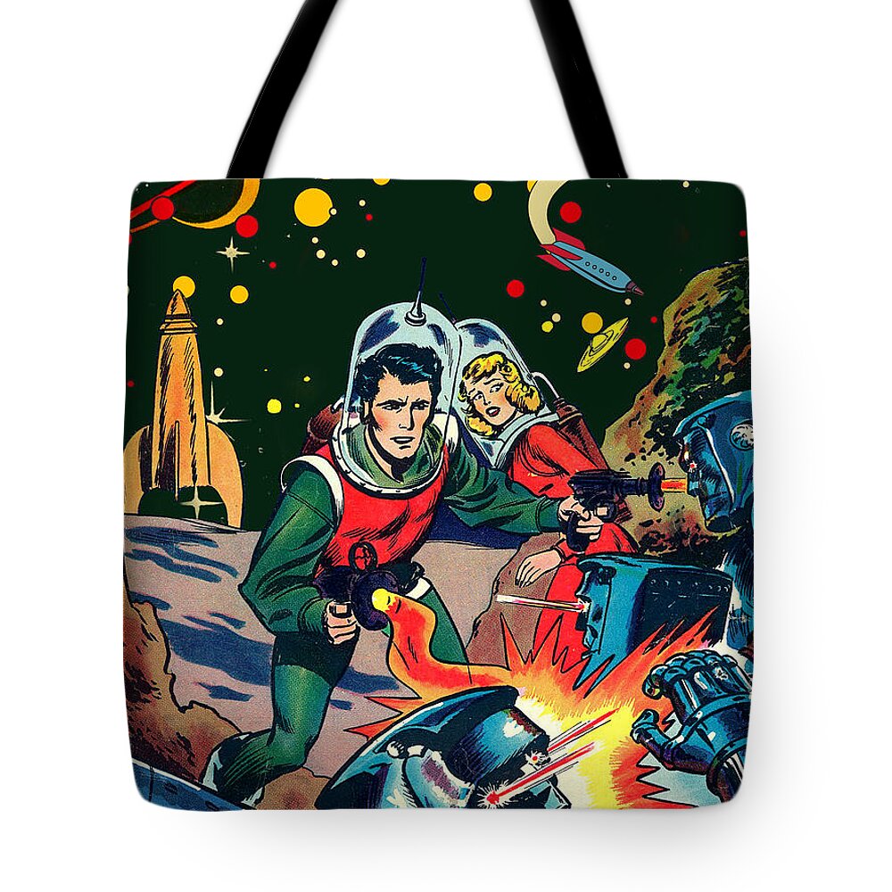 Space Tote Bag featuring the digital art Planet of Blue Robots by Long Shot