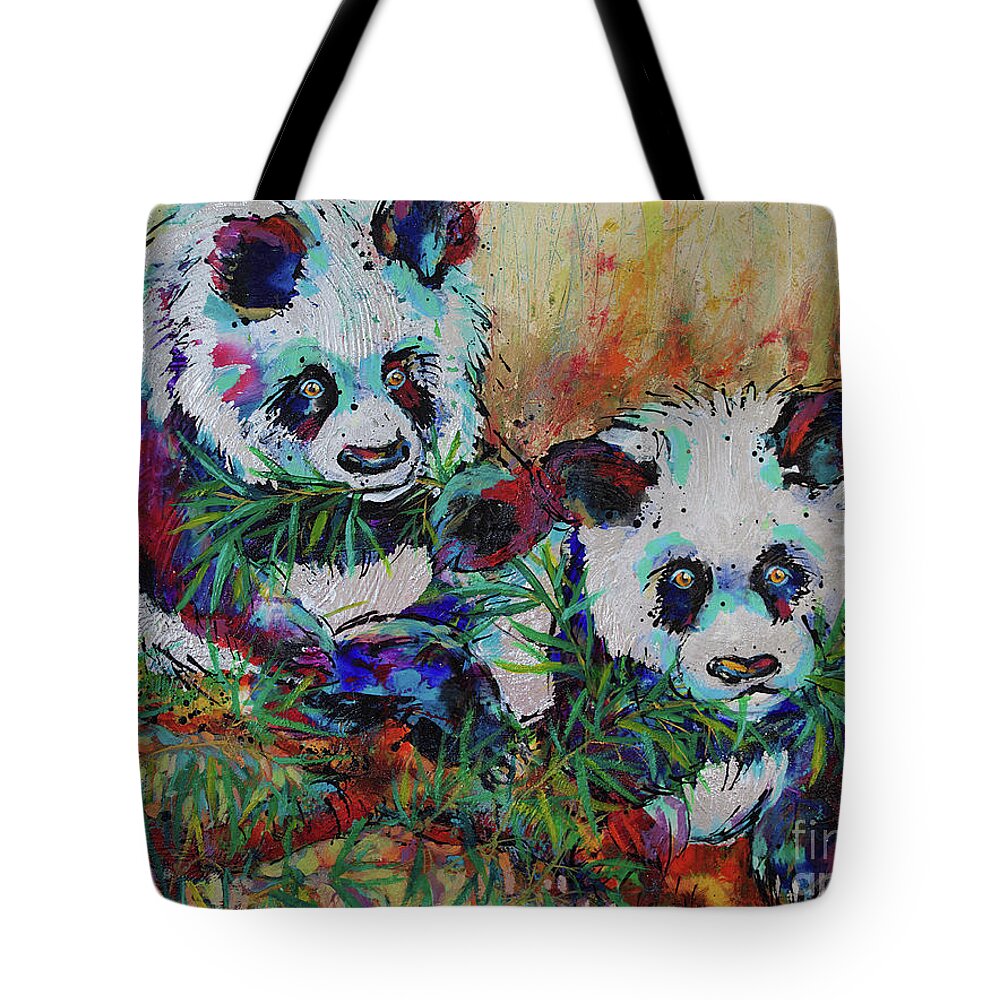 Pandas Tote Bag featuring the painting Playful Giant Pandas by Jyotika Shroff