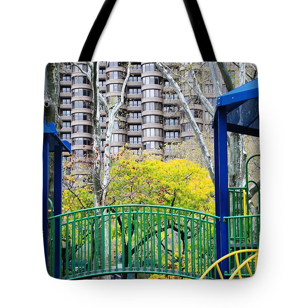 Cityscape Tote Bag featuring the photograph Playground in Autumn - A Murray Hill Impression by Steve Ember
