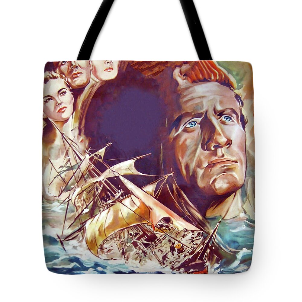 Plymouth Tote Bag featuring the painting ''Plymouth Adventure'', 1950, movie poster painting by Georg Schubert by Stars on Art