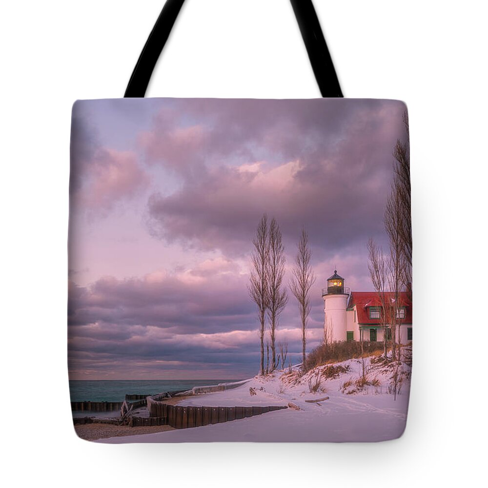 Lighthouse Tote Bag featuring the photograph Point Betsie Light by Sheen Watkins