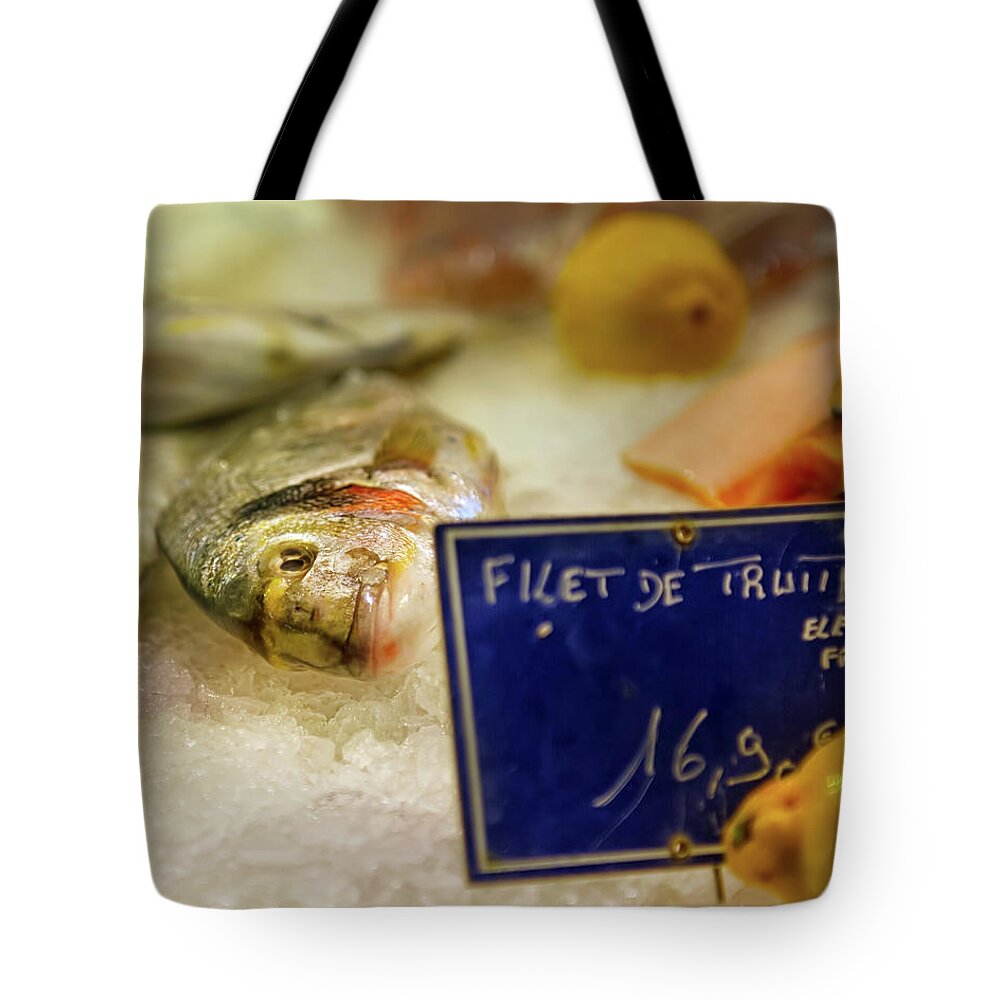 Poissons Tote Bag featuring the photograph Poissons au Marche by CR Courson