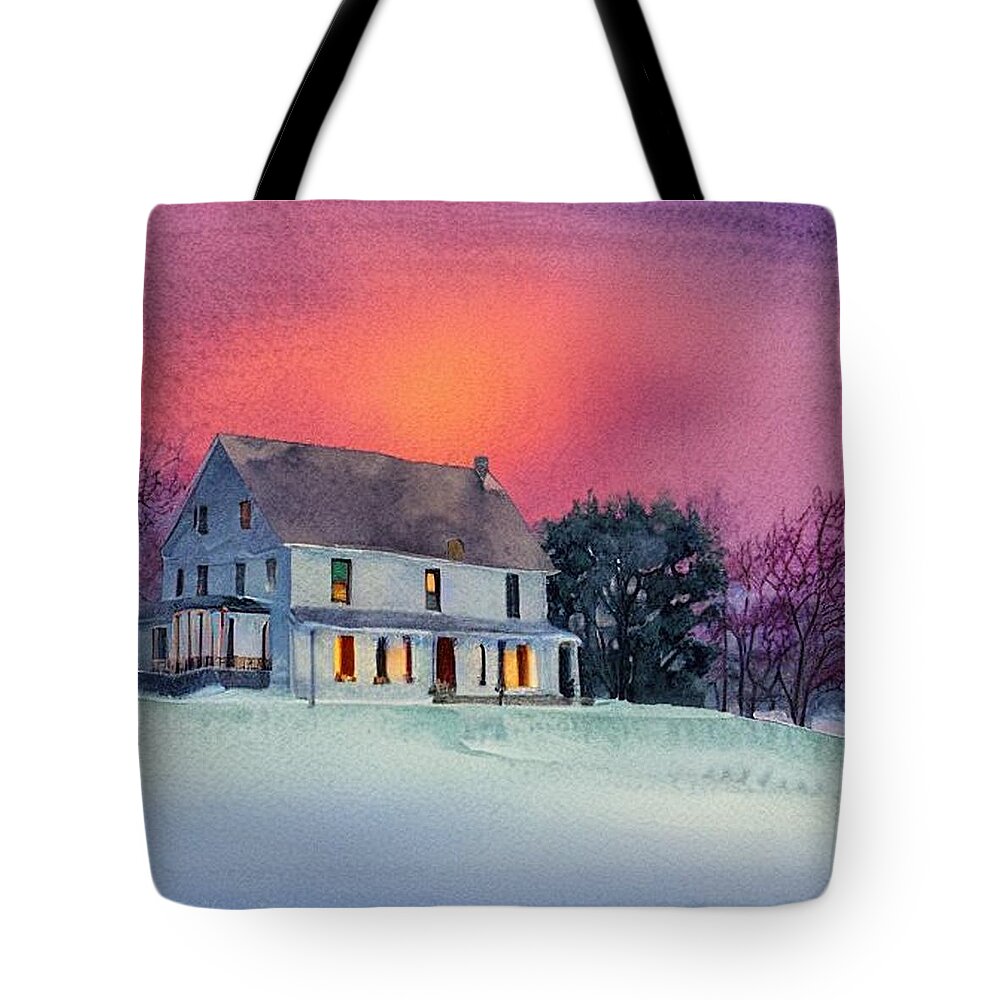 Pompton Plains Tote Bag featuring the painting Pompton Plains New Jersey Farmhouse in the Snow by Christopher Lotito