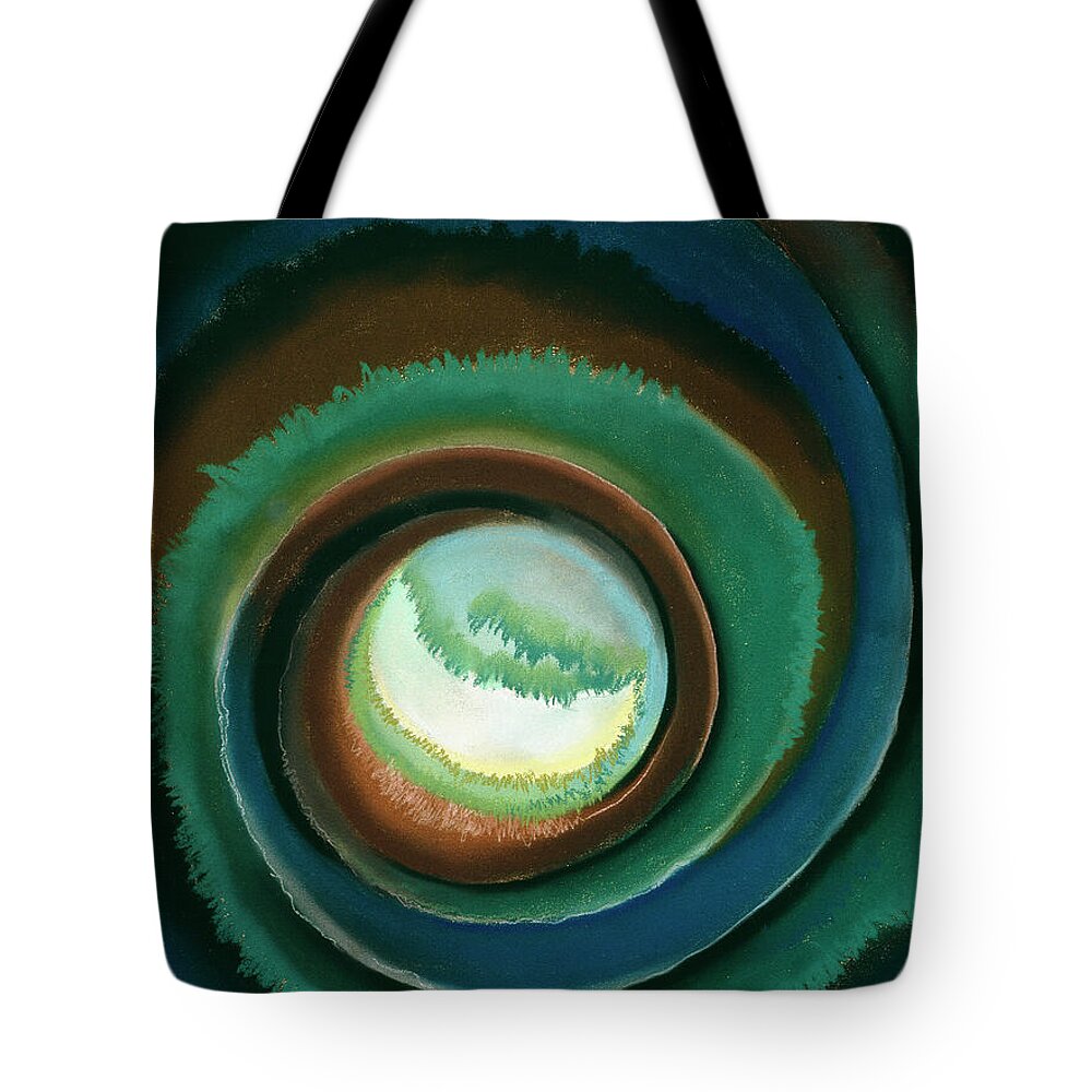 Georgia O'keeffe Tote Bag featuring the painting Pond in the woods - modernist abstract landscape aerial painting by Georgia O'Keeffe