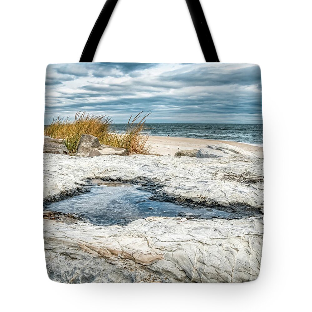 Rock Tote Bag featuring the photograph Pooling In The Beach Rock by Gary Slawsky