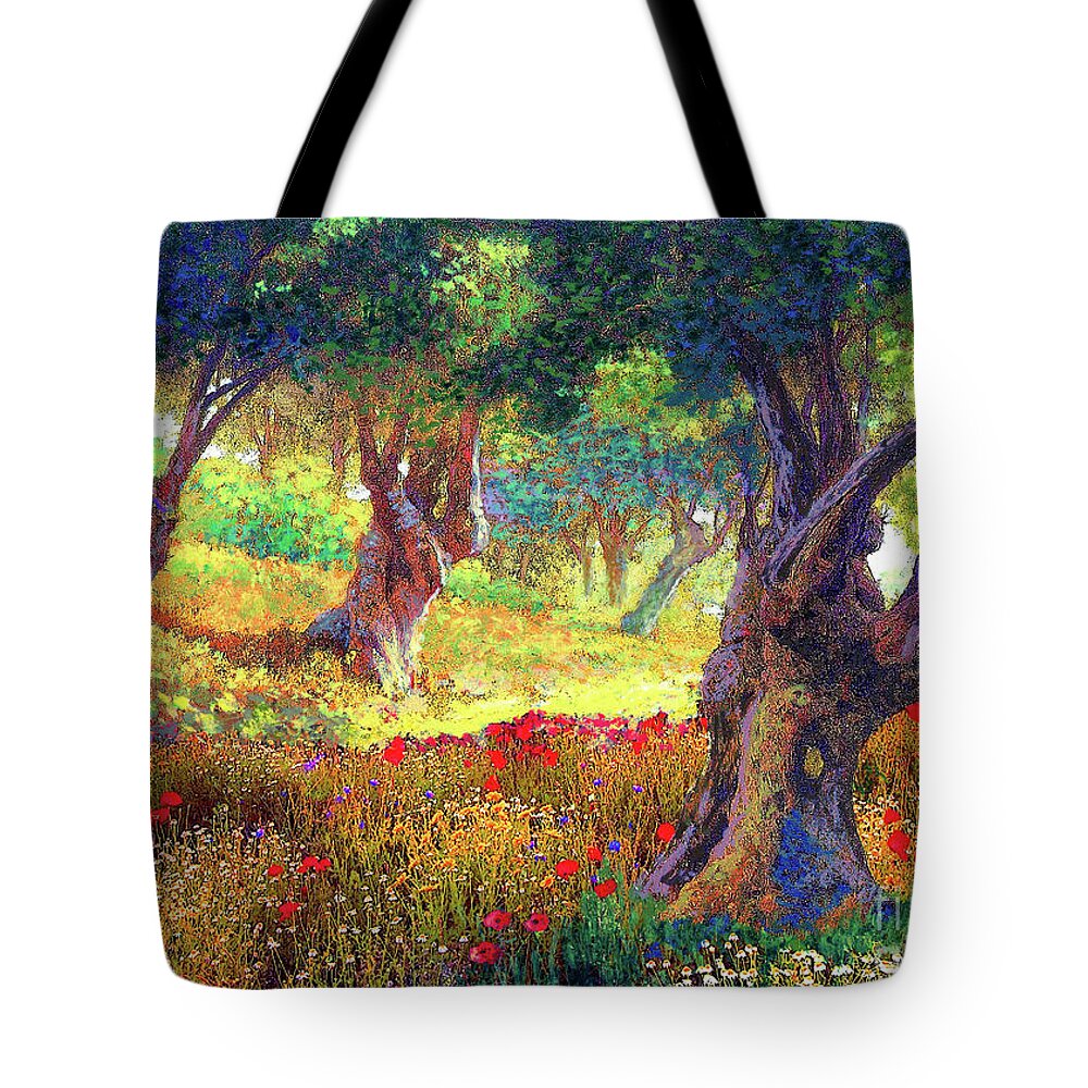 Tree Tote Bag featuring the painting Poppies and Olive Trees by Jane Small