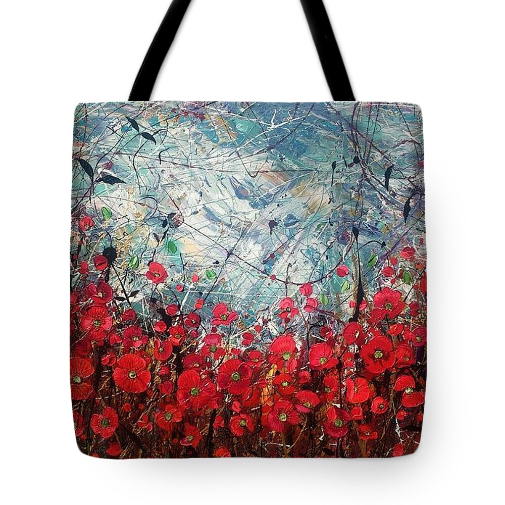 Heather Tote Bag featuring the painting Poppy Parade by Angie Wright