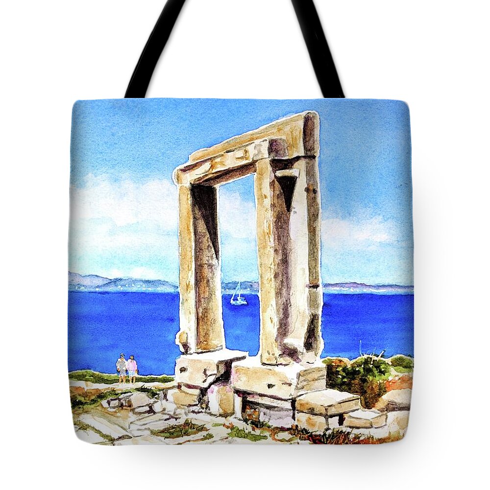 Greece Tote Bag featuring the painting Portara Apollo Temple Naxos Greece by Carlin Blahnik CarlinArtWatercolor