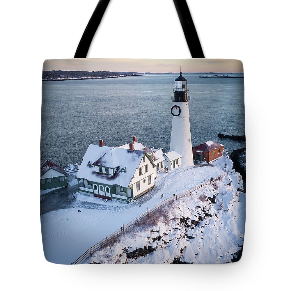 Maine Tote Bag featuring the photograph Portland Head Light Christmas Eve by Colin Chase
