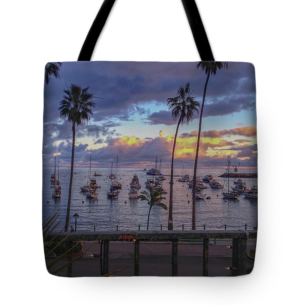 Portofino Inn Tote Bag featuring the photograph Portofino Inn, Avalon Harbor Balcony Sunset by Bonnie Colgan