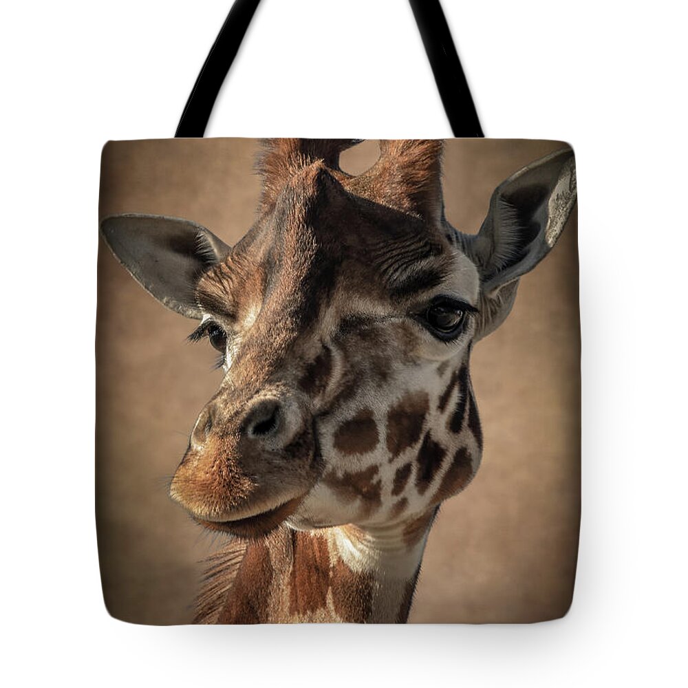 Portrait Tote Bag featuring the digital art Portrait giraffe in shades of brown by Marjolein Van Middelkoop
