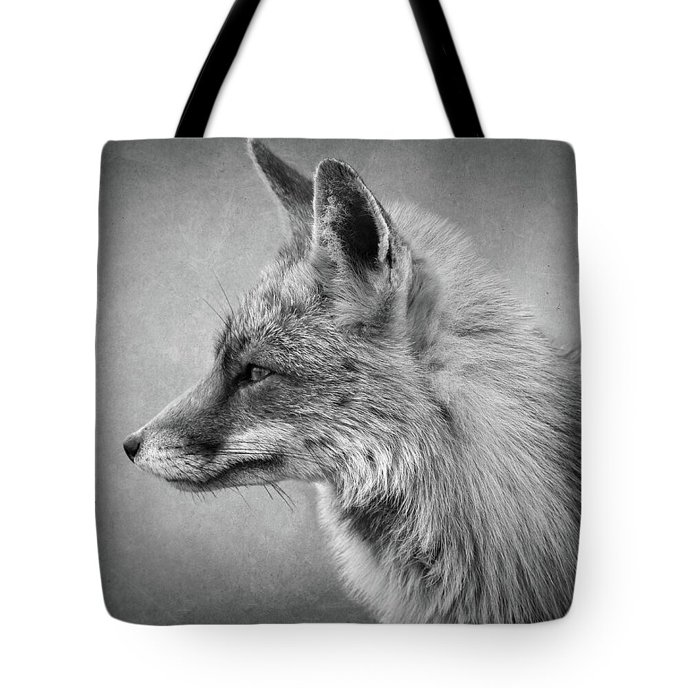 Foc Tote Bag featuring the digital art Portrait of a fox in black and white by Marjolein Van Middelkoop