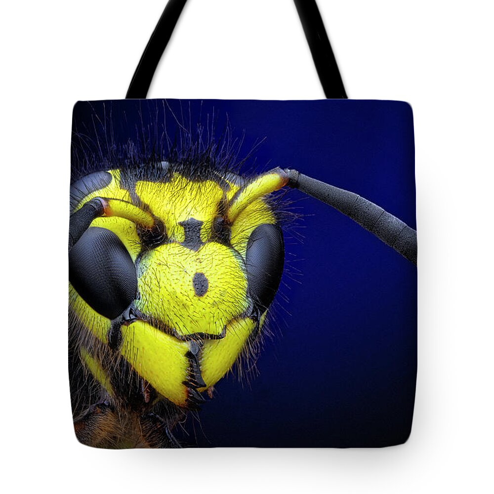 Portrait Of A Yellow-jacket Wasp Tote Bag featuring the photograph Portrait of a Yellow-jacket Wasp by Endre Balogh