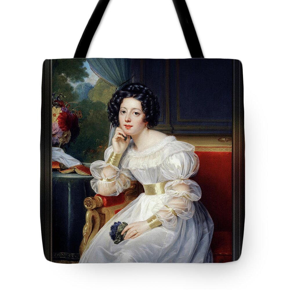 Portrait Of A Young Lady Tote Bag featuring the painting Portrait Of A Young Lady by Louis Hersent Fine Art Old Masters Reproduction by Rolando Burbon