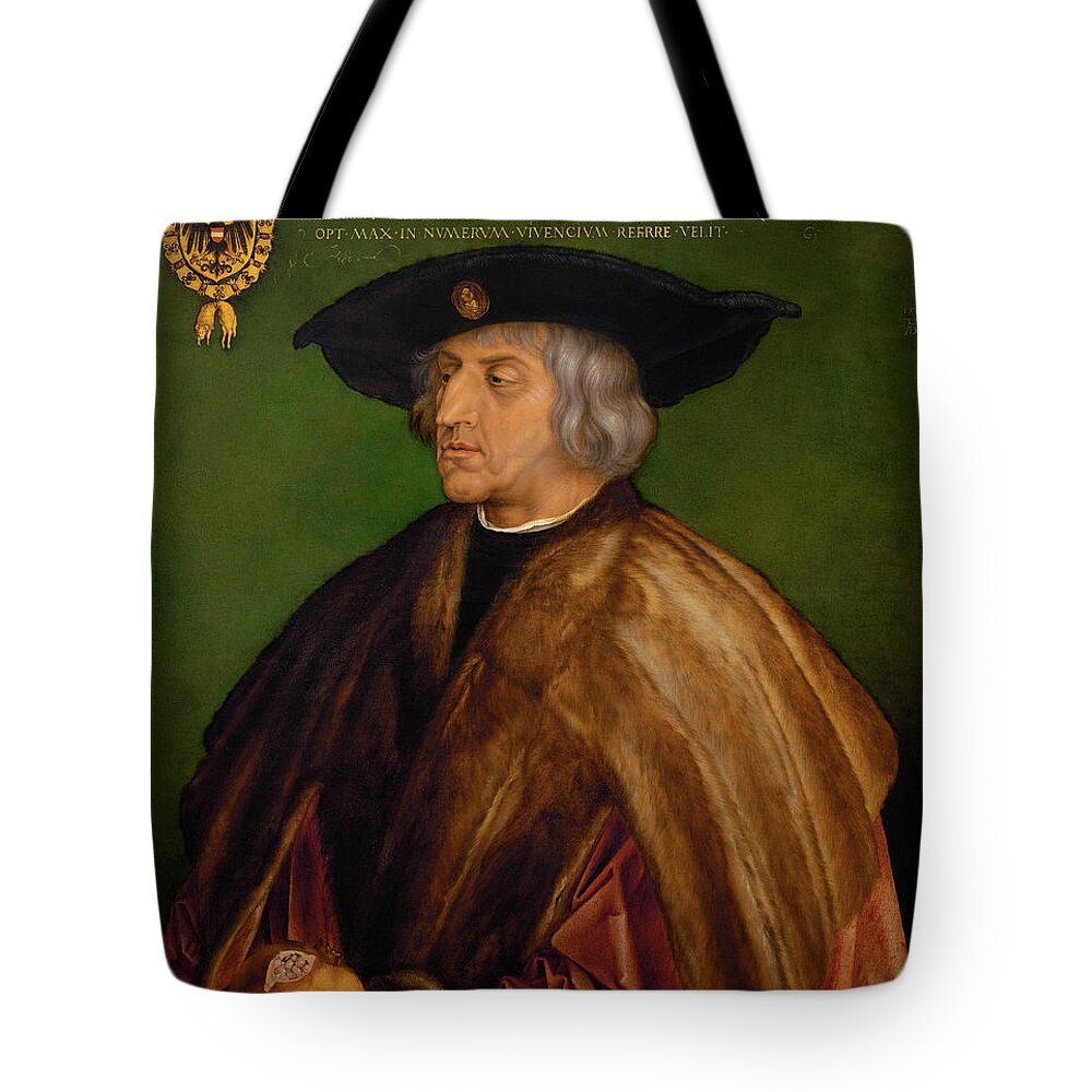 Vintage Tote Bag featuring the painting Portrait of Maximilian I is a Northern Renaissance oil on canvas painting created by Albrech by MotionAge Designs