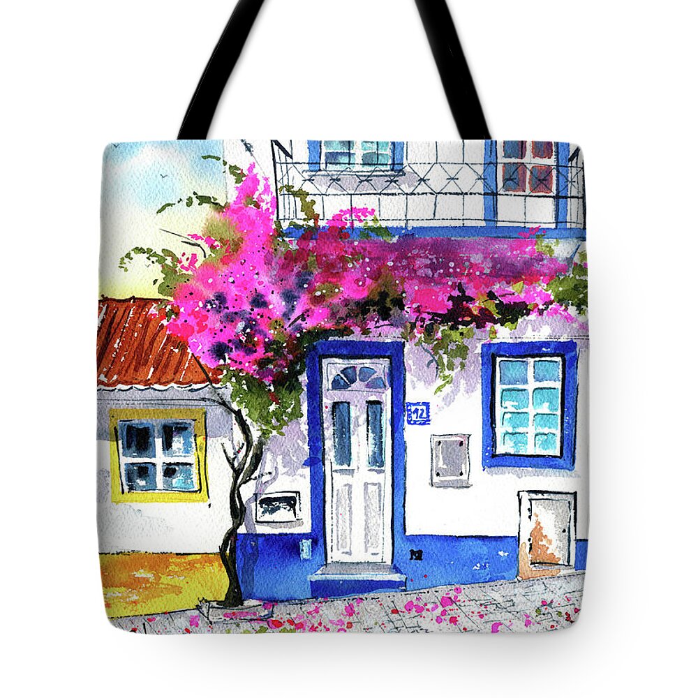 Portugal Tote Bag featuring the painting Portuguese House with Bougainvillea Painting by Dora Hathazi Mendes
