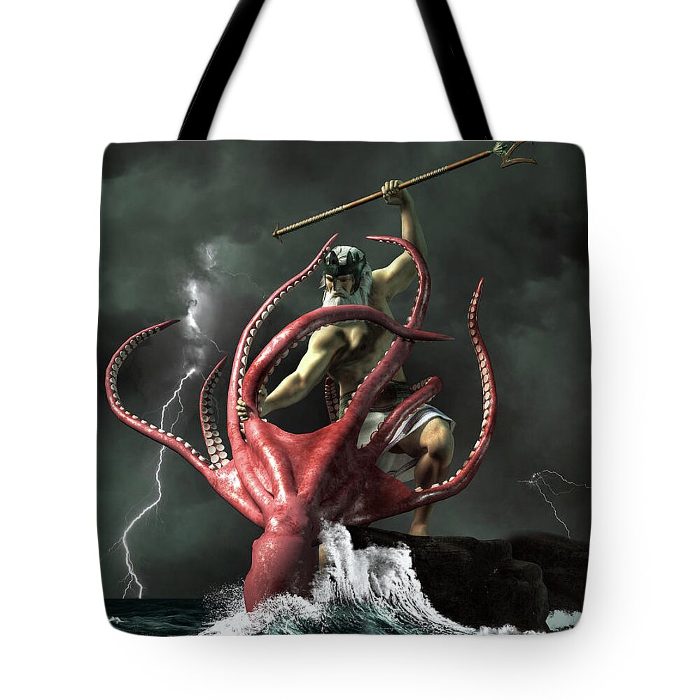 Poseidon Tote Bag featuring the digital art Poseidon vs. the Kraken by Daniel Eskridge
