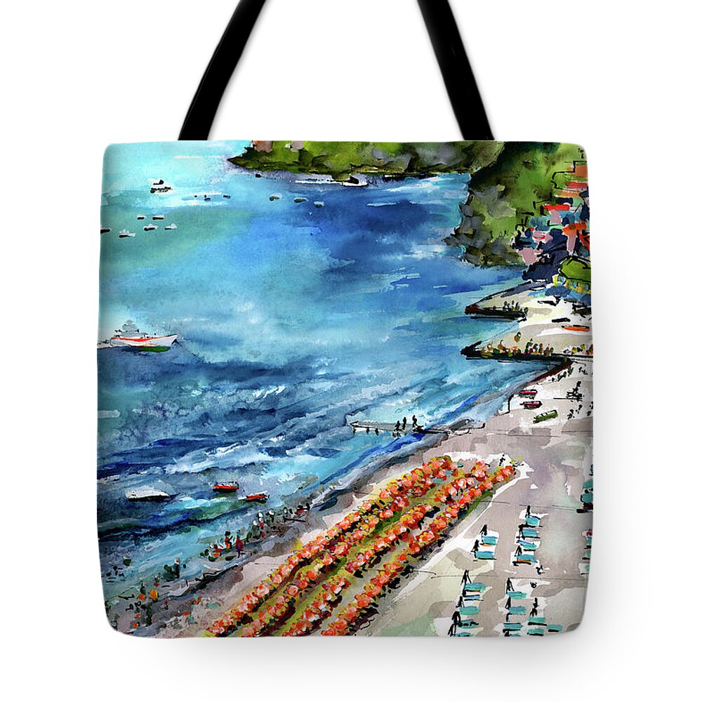Positano Tote Bag featuring the painting Positano Summer Beach Italy Watercolors and Ink by Ginette Callaway