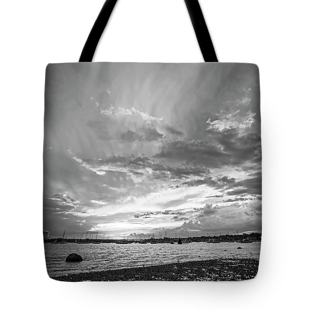 Salem Tote Bag featuring the photograph Post Storm Sunset on Dead Horse Beach Salem Massachusetts Salem Willows Black and White by Toby McGuire