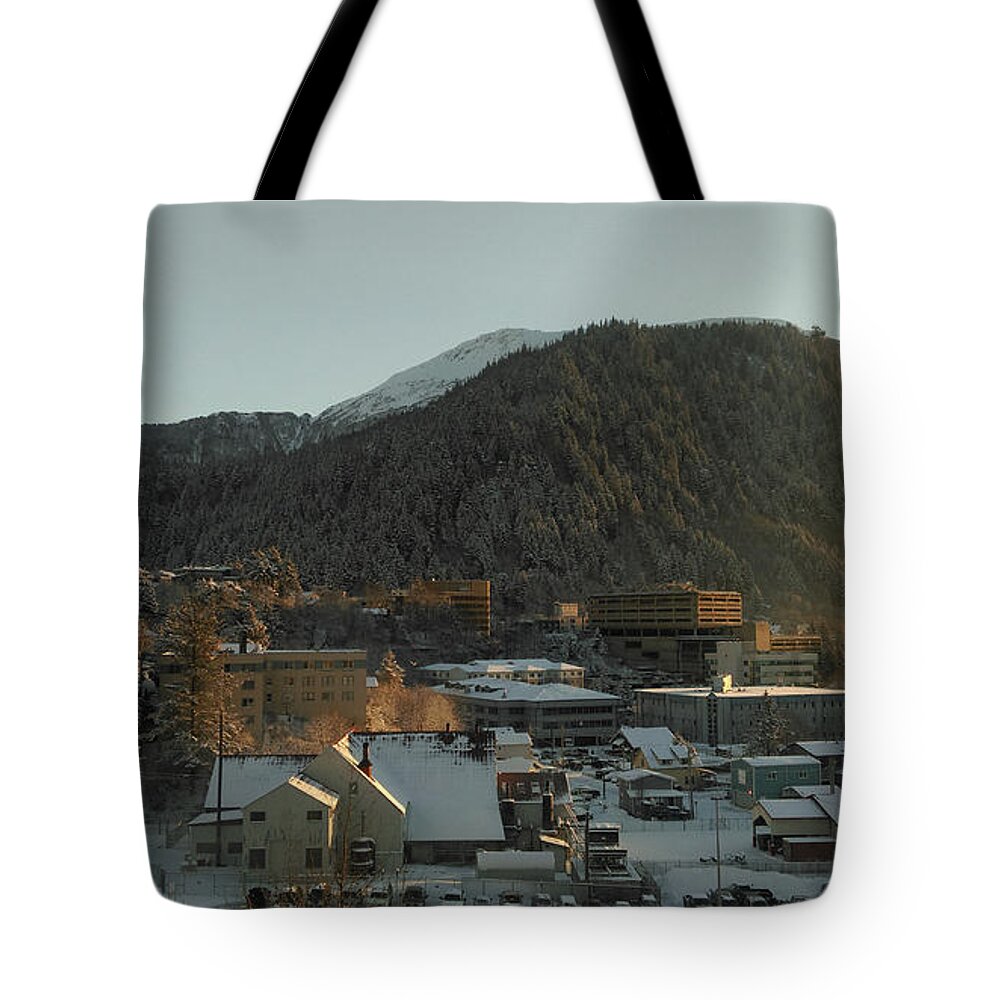 #juneau #alaska #ak #winter #cold #capitalcity #snow #postcard #downtownjuneau #vacation #morning #dawn Tote Bag featuring the photograph Postcard Capital by Charles Vice