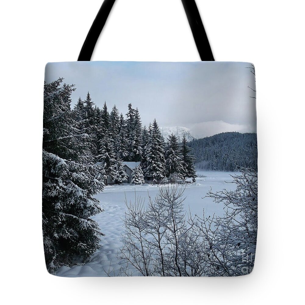 #alaska #juneau #ak #cruise #tours #vacation #peaceful #aukelake #snow #winter #cold #postcard #morning #dawn Tote Bag featuring the photograph Postcard-esque by Charles Vice