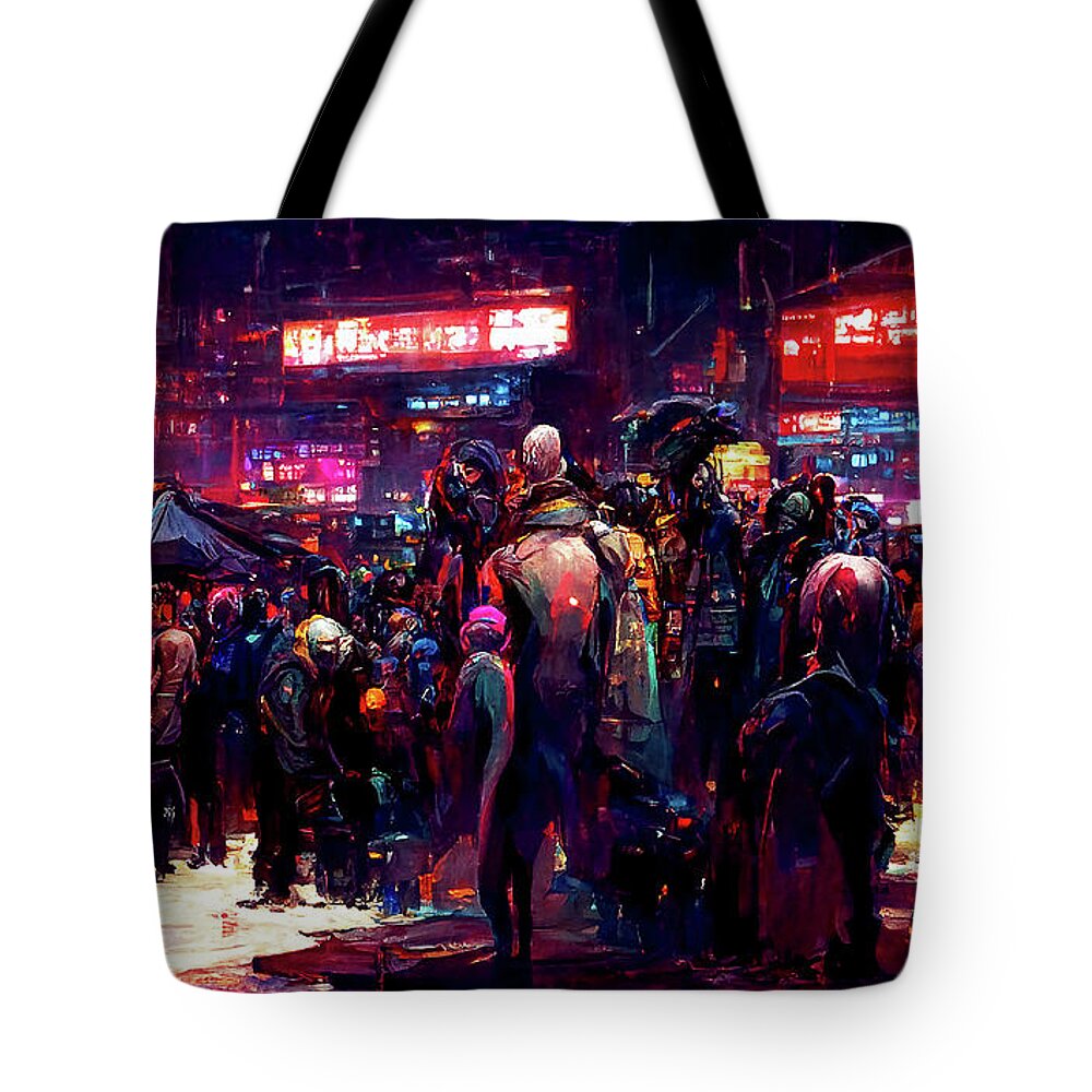 Cyberpunk Tote Bag featuring the painting Postcards from the Future - Cyberpunk Street Market, 01 by AM FineArtPrints